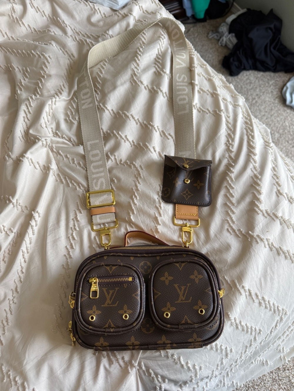 Brown Monogram Dual-Pocket Camera Bag with Beige Strap